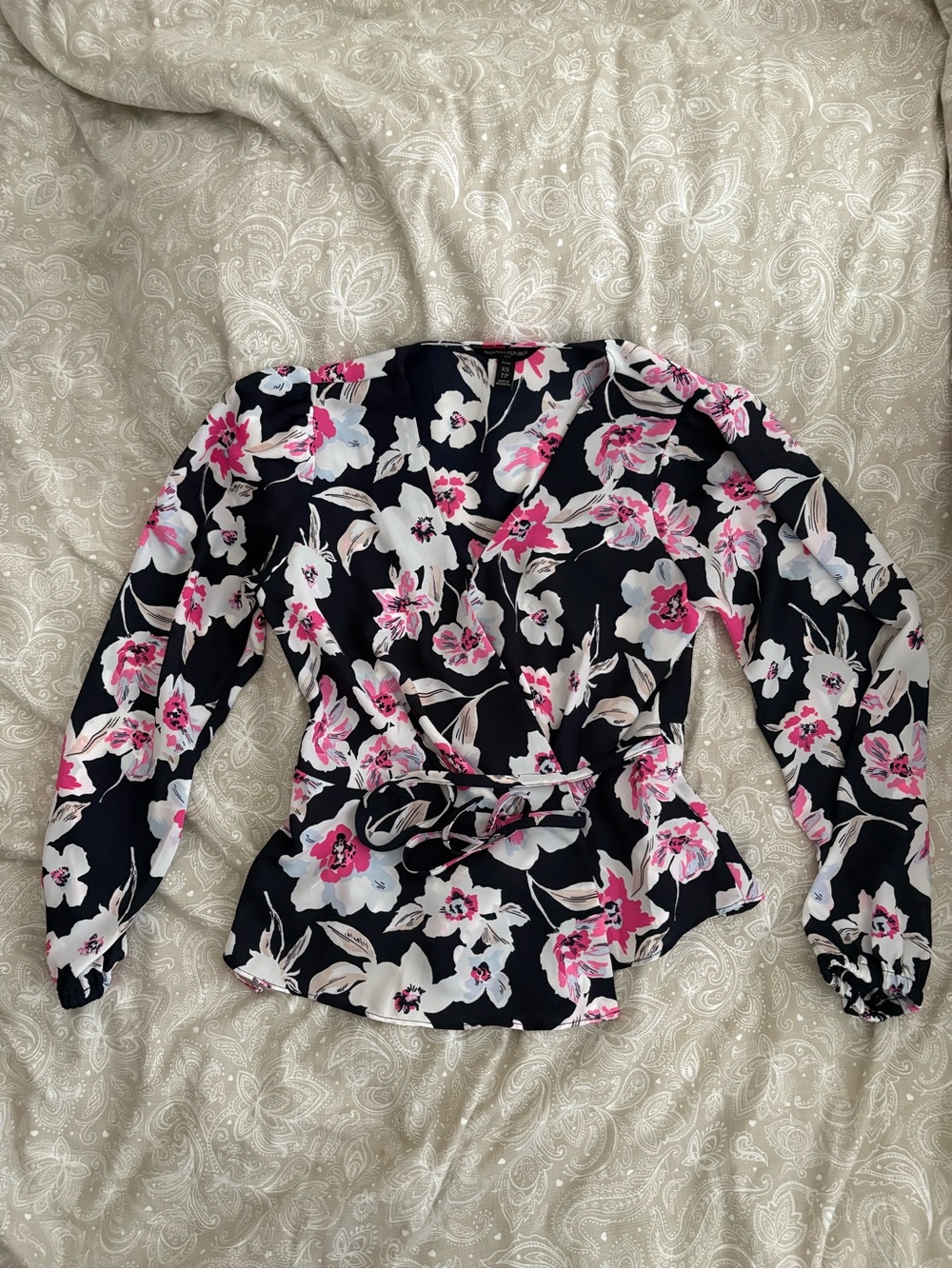 Banana Republic Black Floral Wrap Blouse with Pink and White Flowers